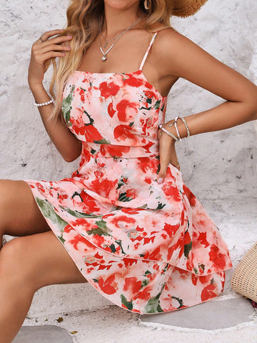 VCAY Floral Printed Waist-Tied Spaghetti Strap Dress