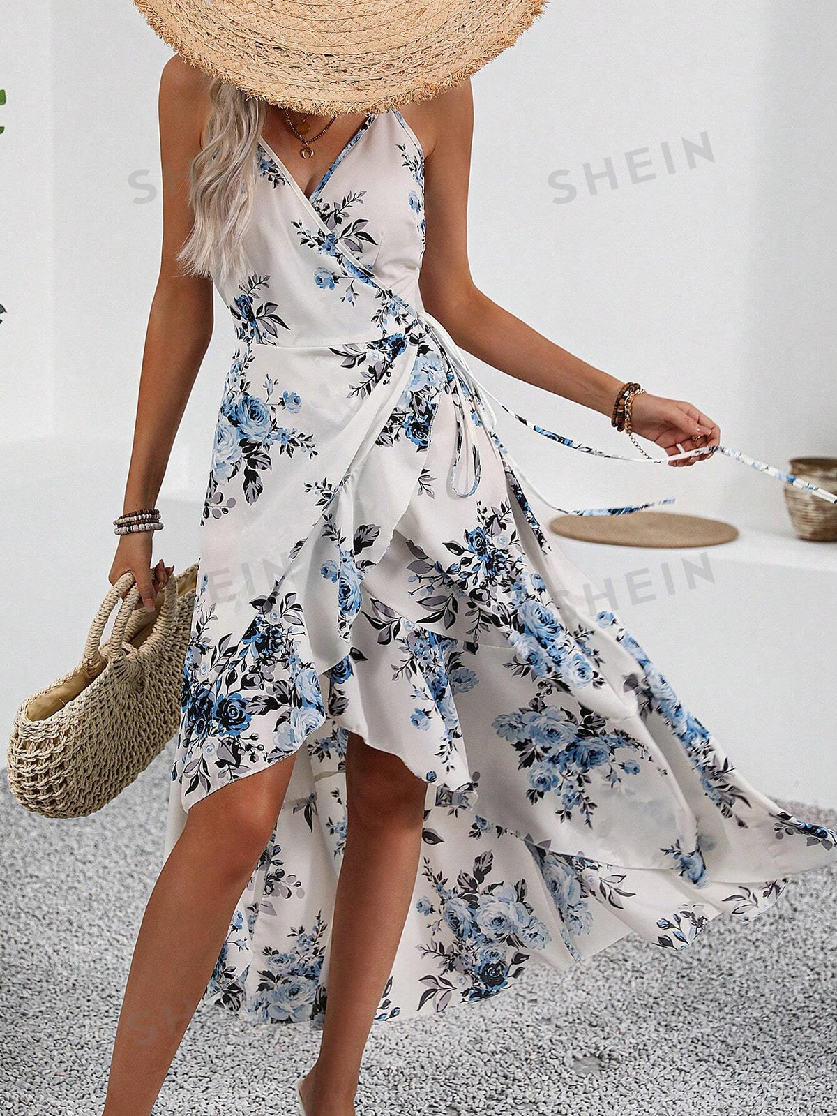 Floral Printed Wrap Cami Dress With Ruffled Hem For Women