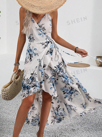 Floral Printed Wrap Cami Dress With Ruffled Hem For Women