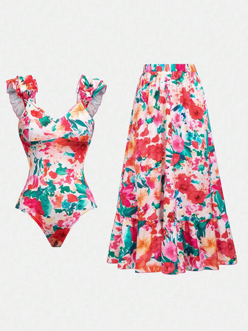 Floral Ruffle Bodysuit And Vacation Style Ruffled Skirt, 2pcs Set For Summer