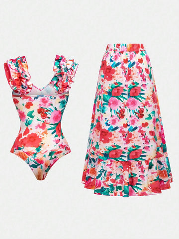 Floral Ruffle Bodysuit And Vacation Style Ruffled Skirt, 2pcs Set For Summer