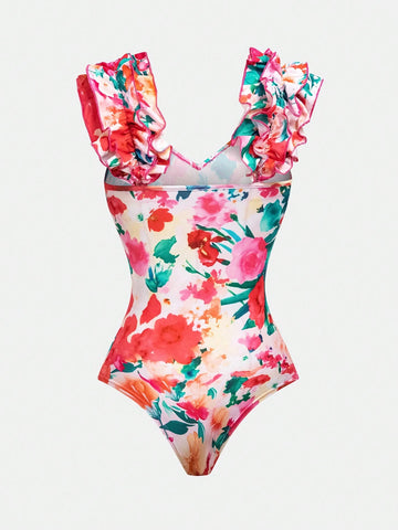 Floral Ruffle Bodysuit And Vacation Style Ruffled Skirt, 2pcs Set For Summer