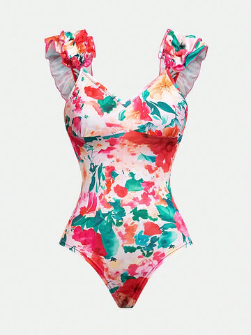 Floral Ruffle Bodysuit And Vacation Style Ruffled Skirt, 2pcs Set For Summer