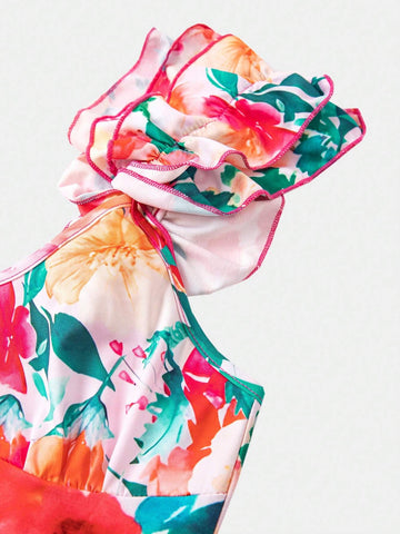 Floral Ruffle Bodysuit And Vacation Style Ruffled Skirt, 2pcs Set For Summer