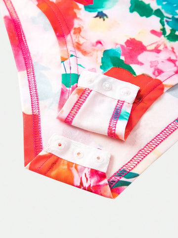 Floral Ruffle Bodysuit And Vacation Style Ruffled Skirt, 2pcs Set For Summer