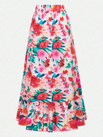 Floral Ruffle Bodysuit And Vacation Style Ruffled Skirt, 2pcs Set For Summer