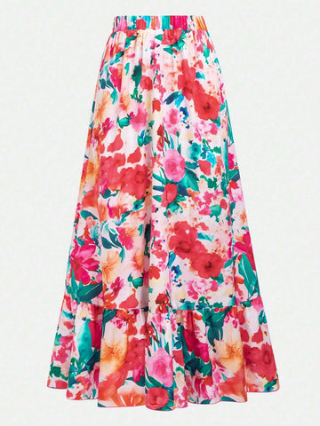 Floral Ruffle Bodysuit And Vacation Style Ruffled Skirt, 2pcs Set For Summer