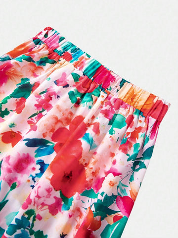 Floral Ruffle Bodysuit And Vacation Style Ruffled Skirt, 2pcs Set For Summer