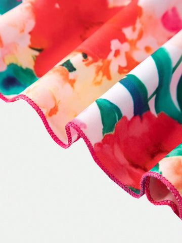 Floral Ruffle Bodysuit And Vacation Style Ruffled Skirt, 2pcs Set For Summer