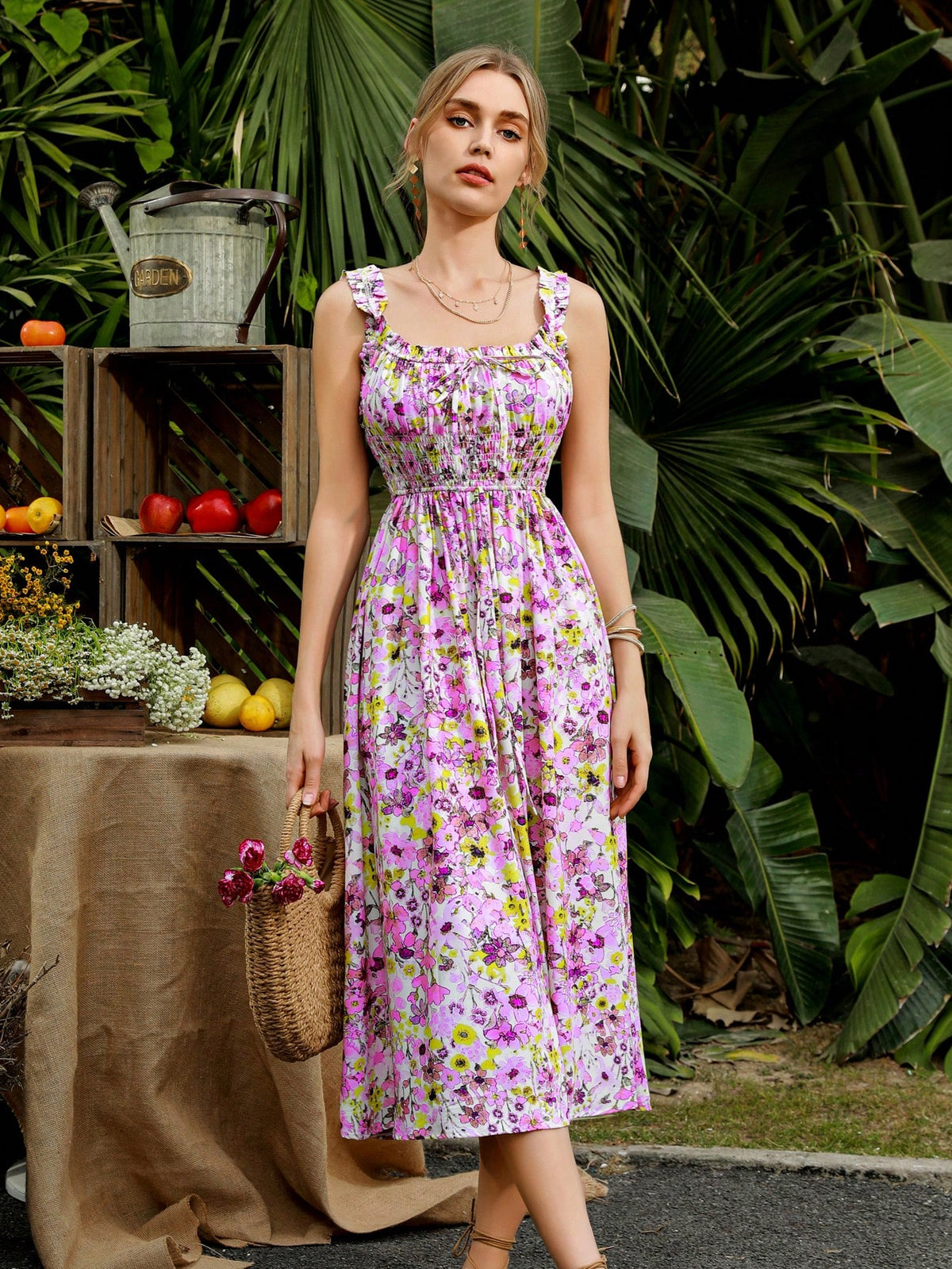 Flower Print Gathered Waist Cami Dress
