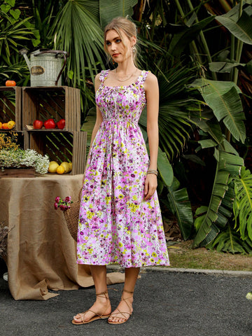 Flower Print Gathered Waist Cami Dress