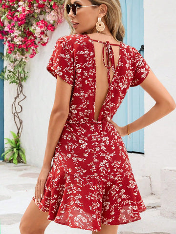 Flower Print Petal Short Sleeve Romper For Women's Vacation