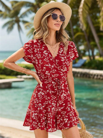 Flower Print Petal Short Sleeve Romper For Women's Vacation