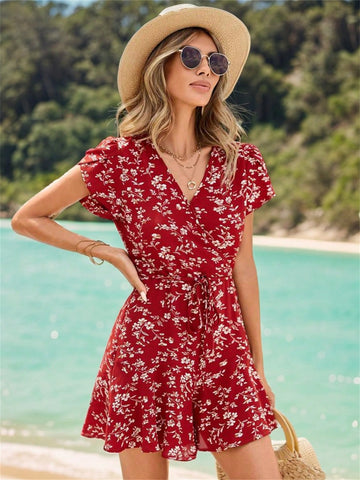 Flower Print Petal Short Sleeve Romper For Women's Vacation