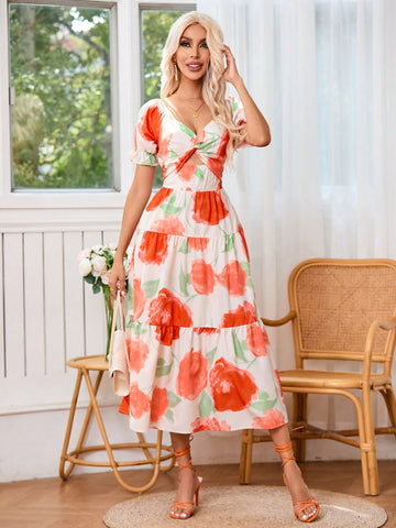 Flower Printed Short Sleeve Twist Knot & Rhinestone Decorated Neckline Dress