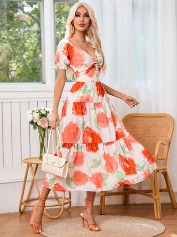 Flower Printed Short Sleeve Twist Knot & Rhinestone Decorated Neckline Dress