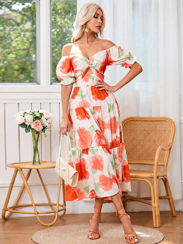 Flower Printed Short Sleeve Twist Knot & Rhinestone Decorated Neckline Dress