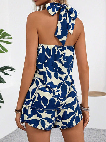 Foliage Print Cross Halter Neck Top And Shorts Two Piece Set
