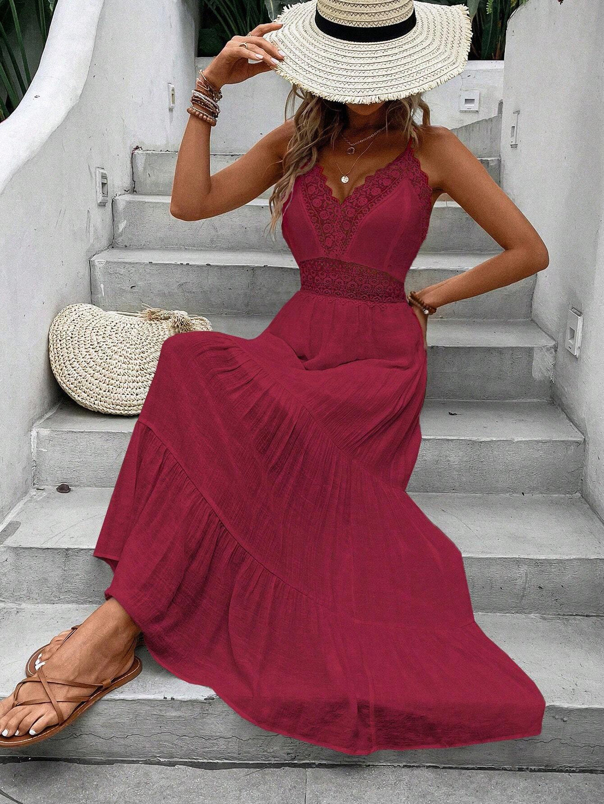 French Style Casual Romantic Lace Patchwork Holiday Women's Dress