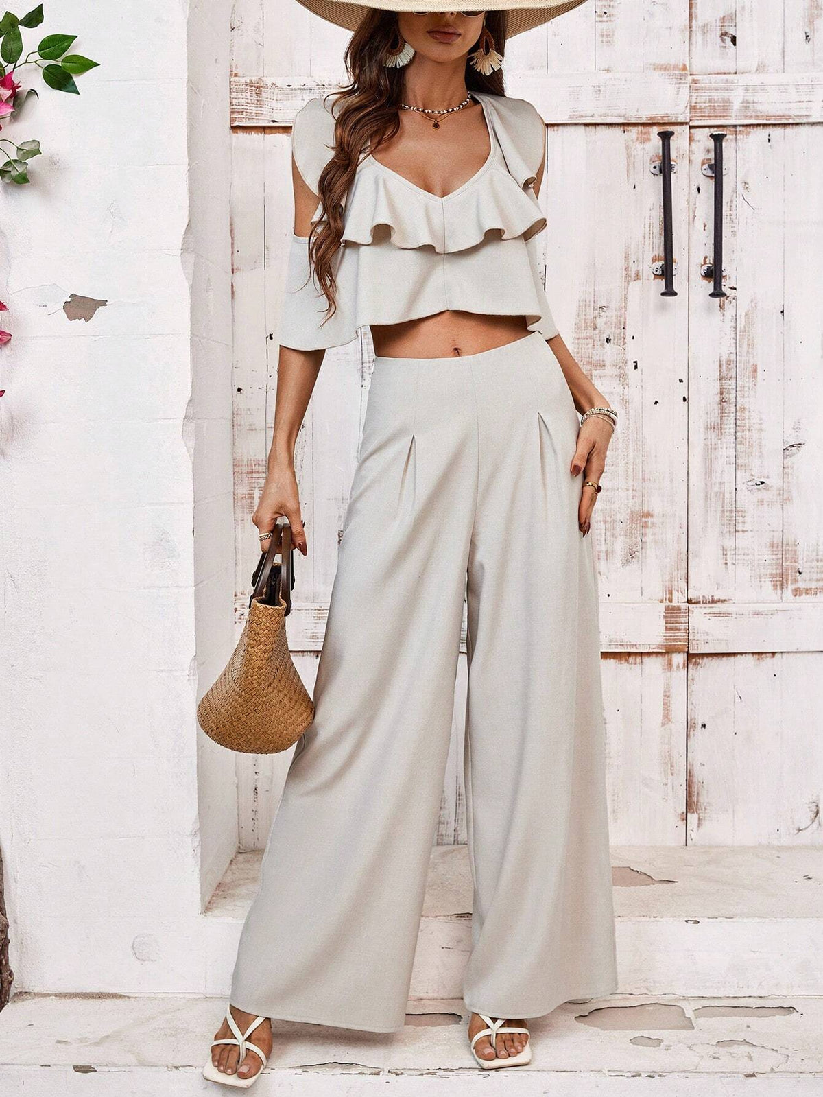 French Style High-End V-Neck Shirt + Loose Wide Leg Pants