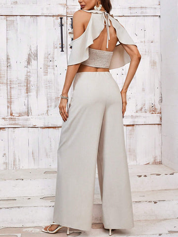 French Style High-End V-Neck Shirt + Loose Wide Leg Pants