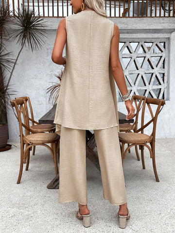 Front Short Back Long Cardigan Wide Leg Pants Texture Women's Summer 2-Piece Set