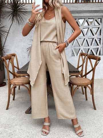 Front Short Back Long Cardigan Wide Leg Pants Texture Women's Summer 2-Piece Set