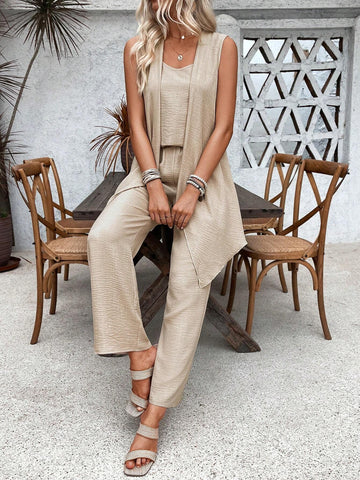 Front Short Back Long Cardigan Wide Leg Pants Texture Women's Summer 2-Piece Set