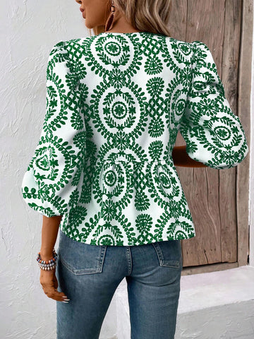 VCAY Front Tie Neck All-Over Print Ruffle Hem Blouse