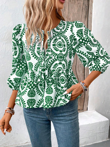 VCAY Front Tie Neck All-Over Print Ruffle Hem Blouse