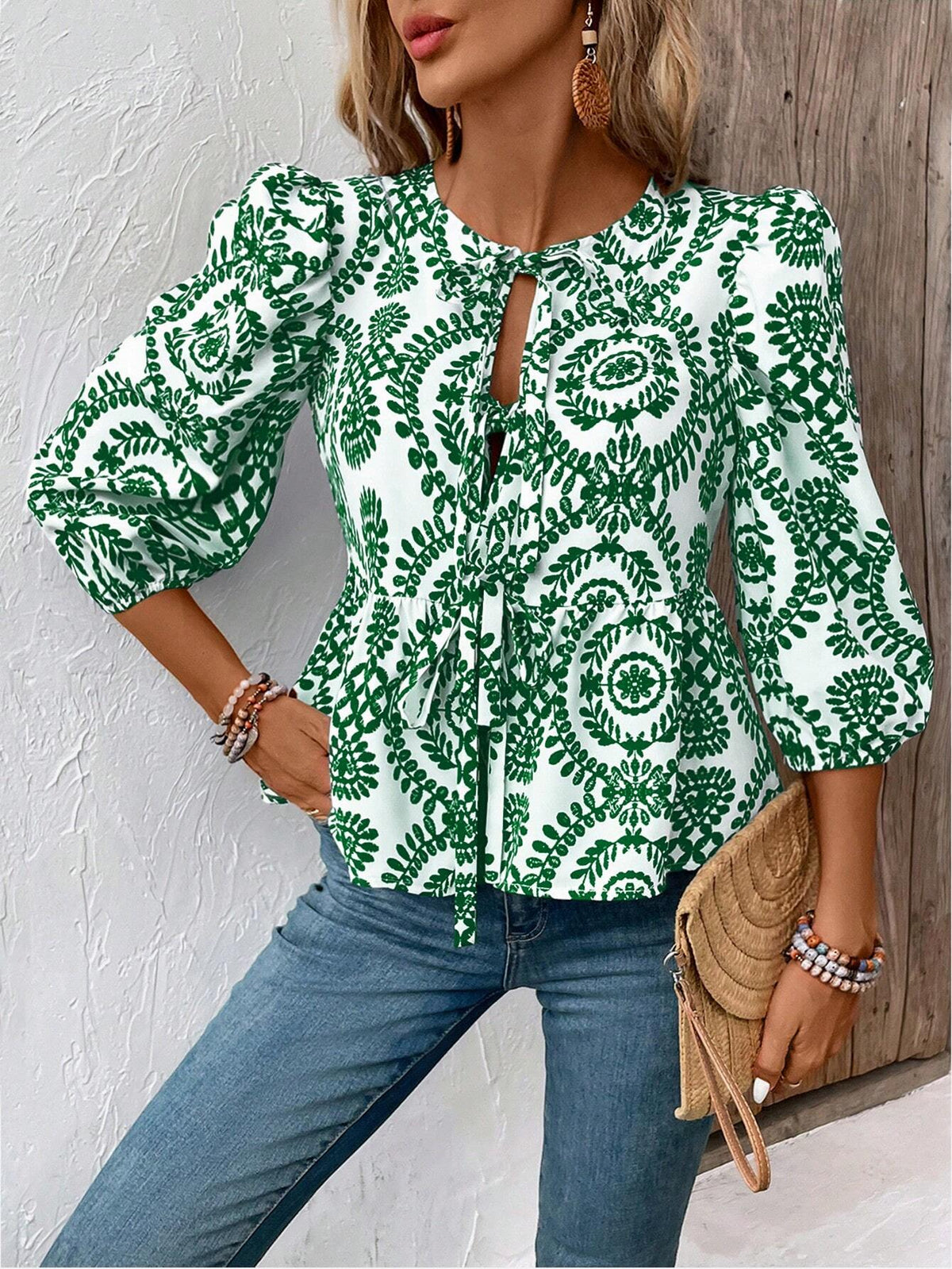 VCAY Front Tie Neck All-Over Print Ruffle Hem Blouse