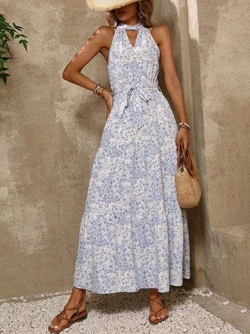 Full Allover Print Halter Neck Long Dress