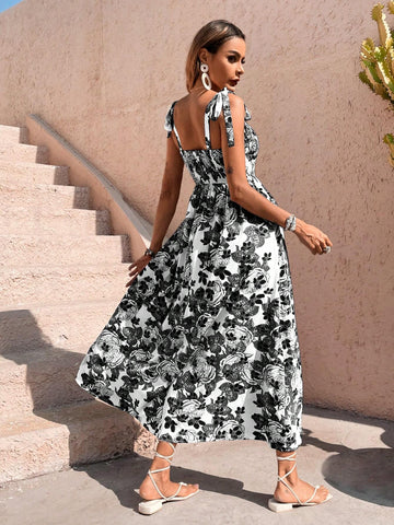Full Bloom Floral Printed Shoulder Tie Cami Dress