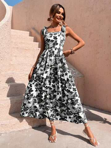Full Bloom Floral Printed Shoulder Tie Cami Dress