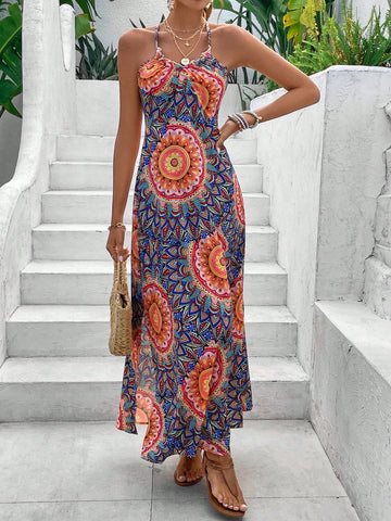 VCAY Full Print Halter Neck Cross Over Wrap Slit Dress