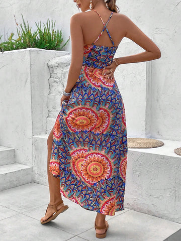 VCAY Full Print Halter Neck Cross Over Wrap Slit Dress