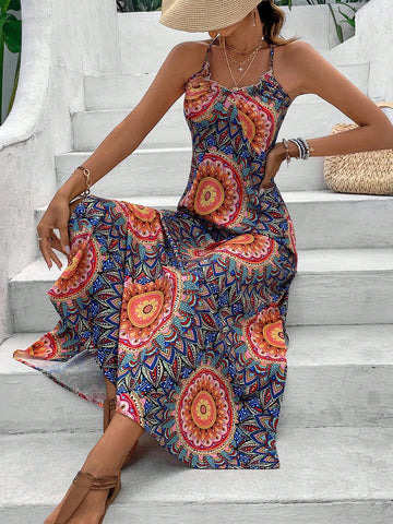 VCAY Full Print Halter Neck Cross Over Wrap Slit Dress