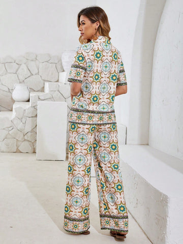 Full Print Shirt With Turn-Down Collar And Wide Leg Pants Set