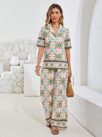 Full Print Shirt With Turn-Down Collar And Wide Leg Pants Set