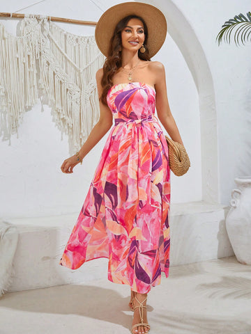 Full Print Strapless Dress With Cinched Waist