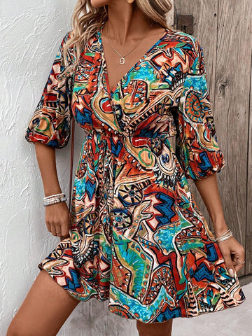 Full Print Wrap Neckline Dress