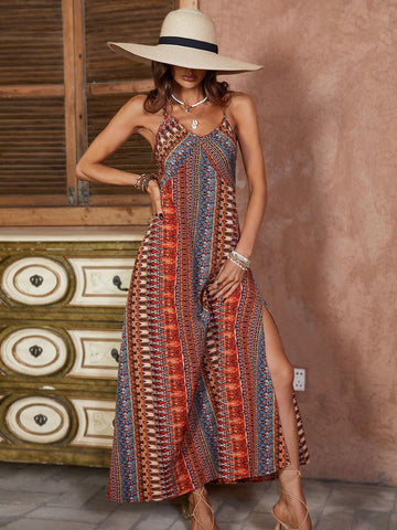 Full Printed Back Cross Halter Neck Dress
