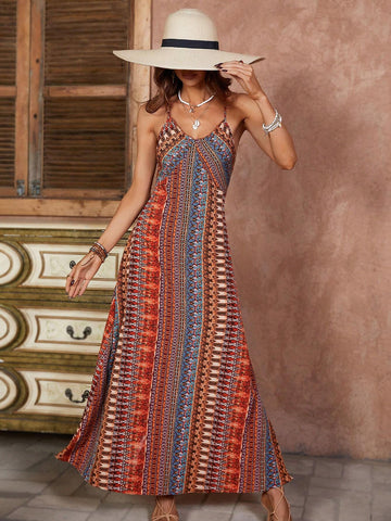 Full Printed Back Cross Halter Neck Dress