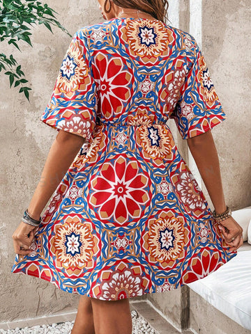 Full Printed V-Neck Waist Cinched Dress