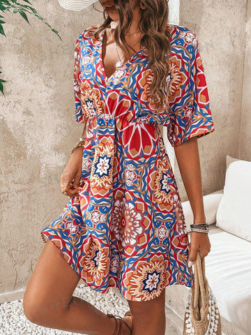 Full Printed V-Neck Waist Cinched Dress