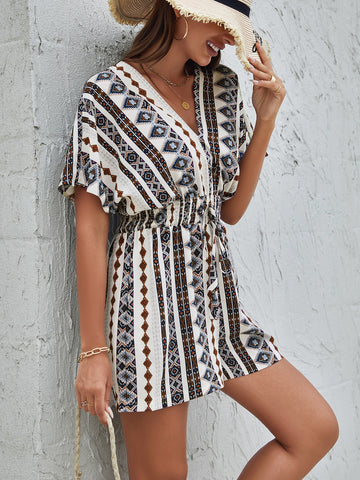 Geo Print Batwing Sleeve Shirred Knot Front Romper