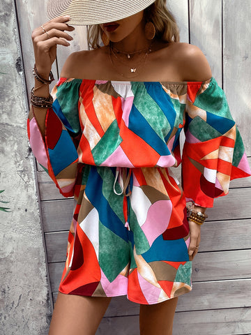 Geo Print Off Shoulder Knot Front Romper