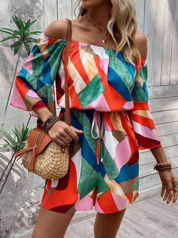 Geo Print Off Shoulder Knot Front Romper