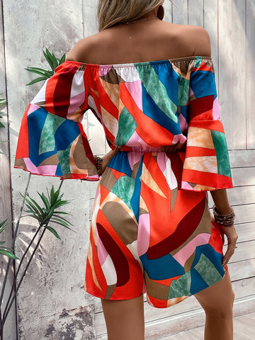 Geo Print Off Shoulder Knot Front Romper