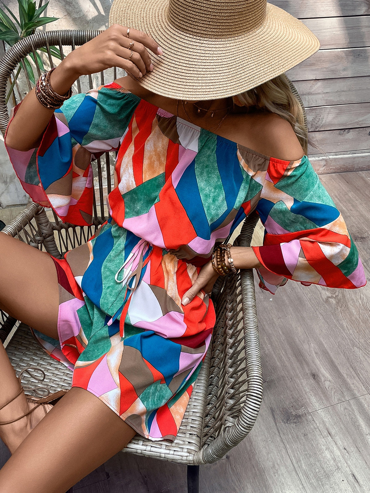 Geo Print Off Shoulder Knot Front Romper